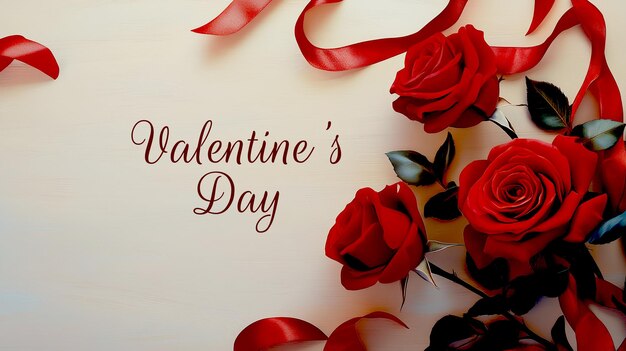 un drap blanc avec des roses rouges et un ruban rouge qui dit le jour de la Saint-Valentin