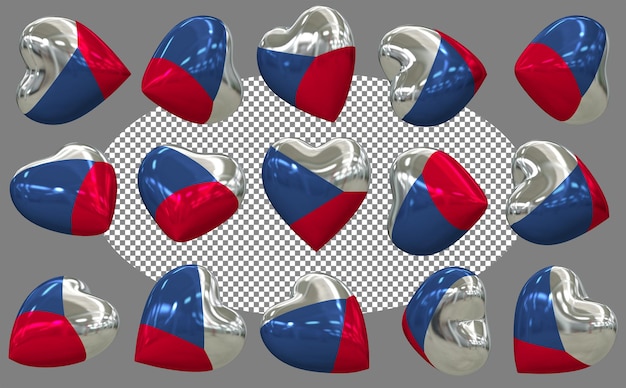 Drapeau de cœur 3D de la République tchèque isolé dans différentes positions Rendering 3D