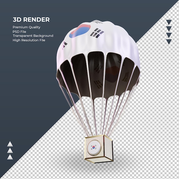 Drapeau de la Corée du Sud parachute 3d rendu vue de droite
