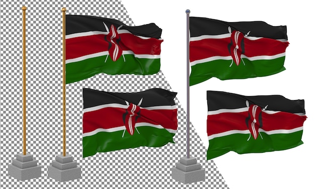 PSD drapeau du kenya agitant un style différent avec un poteau de support isolé rendering 3d