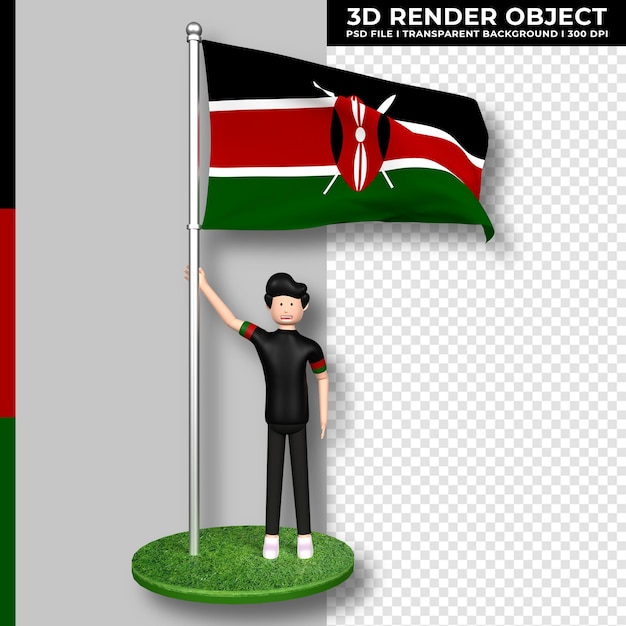 PSD drapeau du kenya avec personnage de dessin animé de personnes mignonnes. le jour de l'indépendance. rendu 3d.