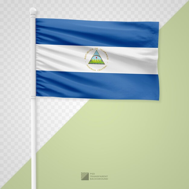 PSD le drapeau du nicaragua sur un poteau de métal blanc isolé sur un fond transparent