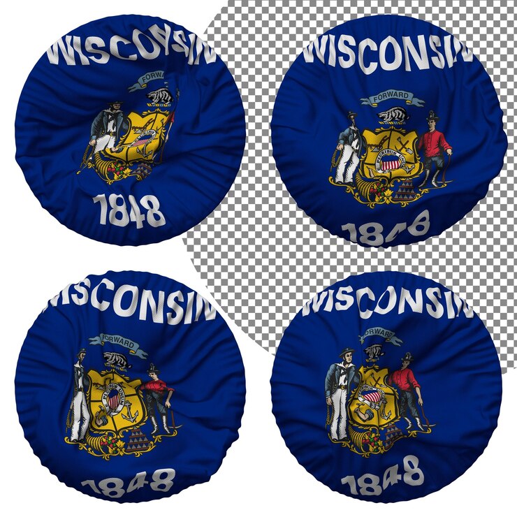 PSD drapeau de l'état du wisconsin forme ronde isolée style d'ondulation différent texture de bosse rendu 3d