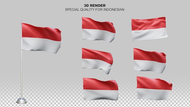 Drapeau Indonésien 3d Avec Diverses Positions Et Bons Poteaux