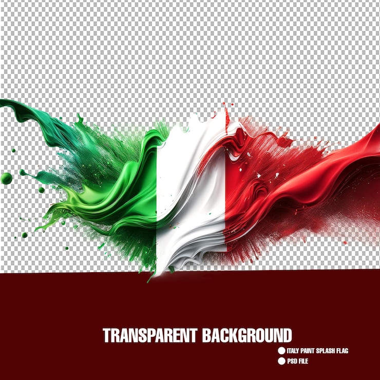 PSD drapeau de l'italie peinture éclaboussée vert rouge blanc explosion liquide sur fond transparent