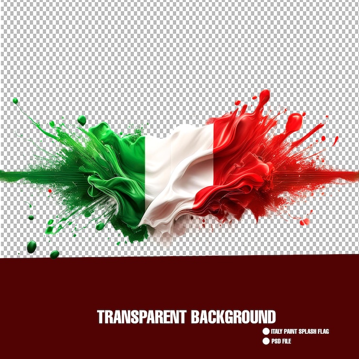 PSD drapeau de l'italie peinture éclaboussée vert rouge blanc explosion liquide sur fond transparent