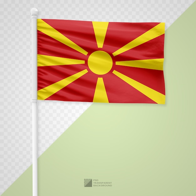 PSD le drapeau de la macédoine agite sur un poteau de métal blanc isolé sur un fond transparent