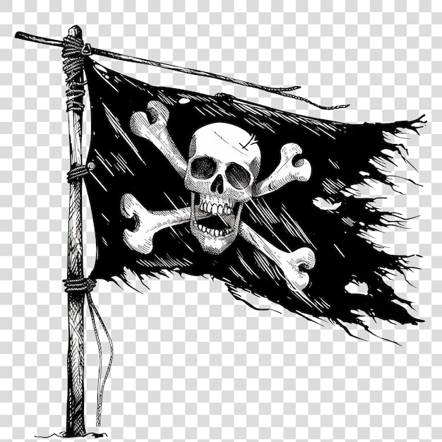 PSD drapeau pirate avec le logo du crâne noir et blanc isolé sur un fond transparent png
