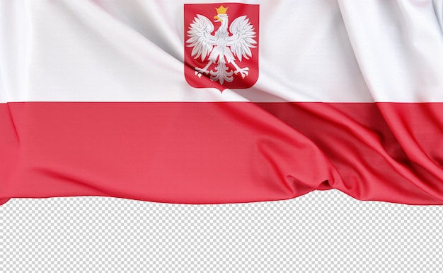 PSD drapeau de la pologne avec les armoiries isolées sur fond blanc avec un espace de copie sous le rendu 3d