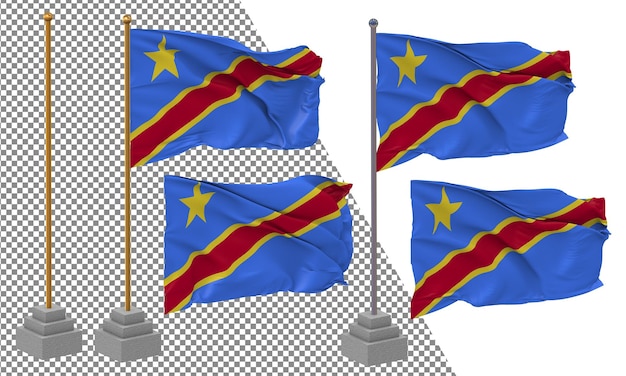 PSD drapeau de la république démocratique du congo agitant un style différent avec un poteau de support isolé rendering 3d