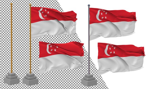 PSD le drapeau de singapour agite un style différent avec un poteau de support isolé rendering 3d