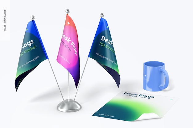 Drapeaux de bureau avec maquette de tasse et de papier