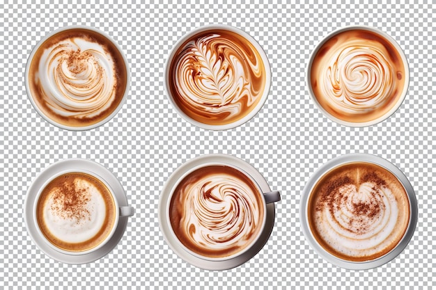 Draufsicht auf heißen kaffee-cappuccino-latte mit schaumsammlung isoliert auf transparentem hintergrund
