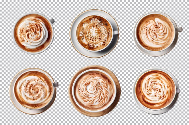 PSD draufsicht auf heißen kaffee-cappuccino-latte mit schaumsammlung isoliert auf transparentem hintergrund
