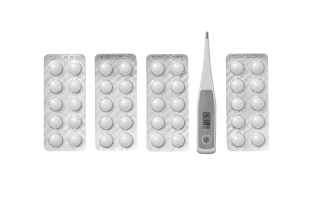 PSD draufsicht auf thermometer mit pillen