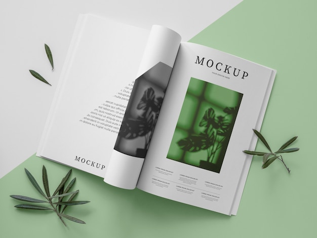 Draufsicht Naturmagazin-Abdeckungsmodell mit Blättern