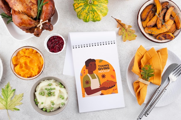 PSD draufsicht über thanksgiving day notebook mockup