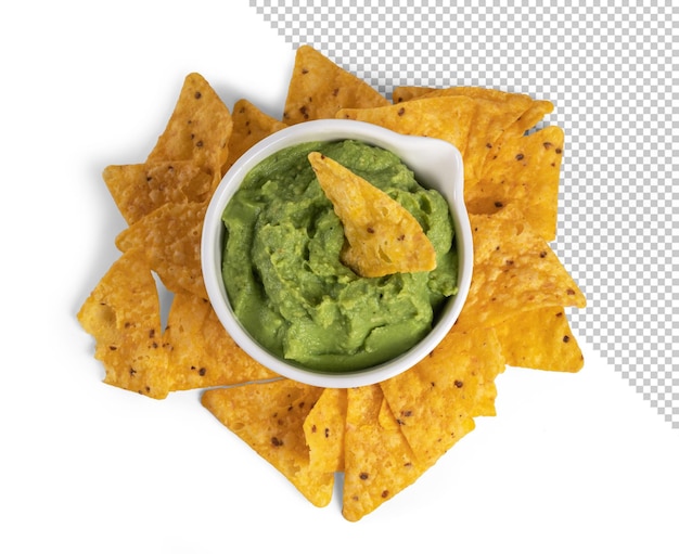 Draufsichtmodell einer Schüssel mit Guacamole und Nachos