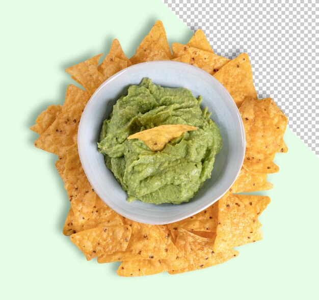 Draufsichtmodell einer Schüssel mit Guacamole und Nachos