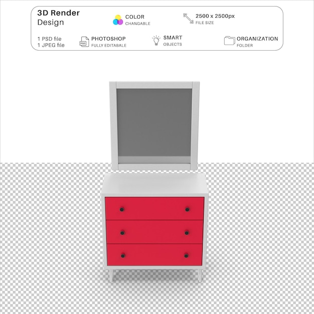 PSD drawer dresser with mirror red white 3d modeling psd file (file de modelagem em 3d com espelho)