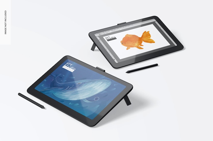 PSD drawing tablet with screen mockup perspective