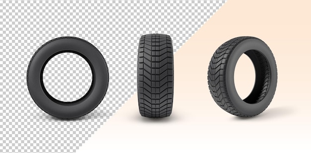 Drei Autoreifen in verschiedenen Positionen PSD-Mockup