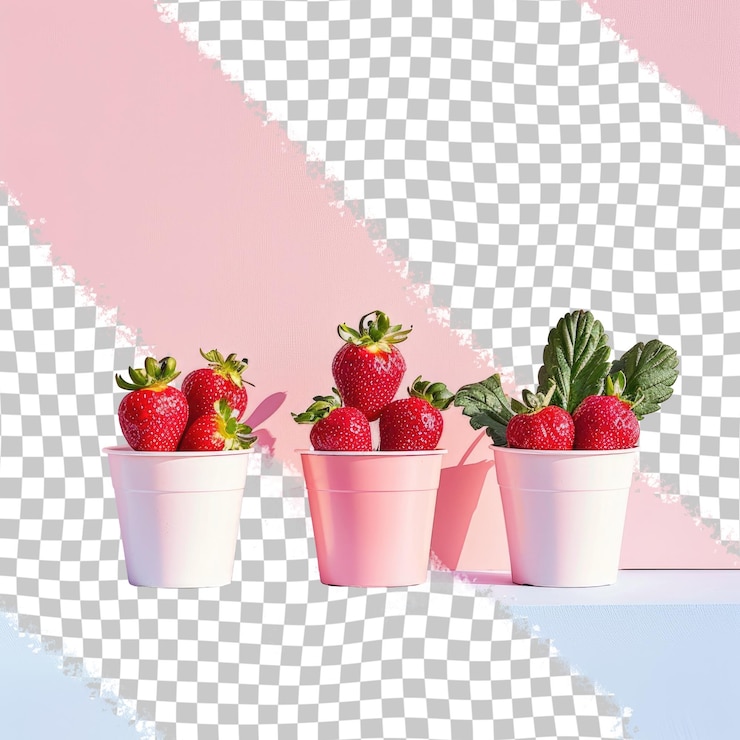 PSD drei behälter mit erdbeeren stehen auf einem weißen tisch