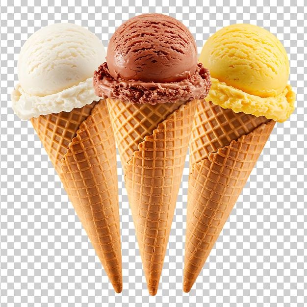 Drei Eiscreme-Kegel mit unterschiedlichen Geschmacksrichtungen