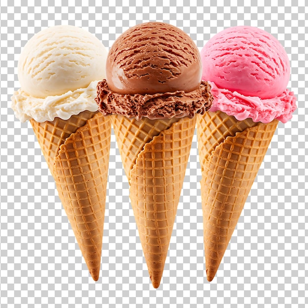 Drei Eiscreme-Kegel mit Vanille-Schokolade und Erdbeeren-Eis-Schuppen