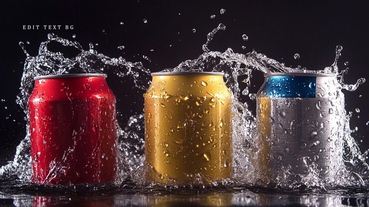 PSD drei farbenfrohe aluminium-soda-dosen spritzen in wasser gegen einen schwarzen hintergrund