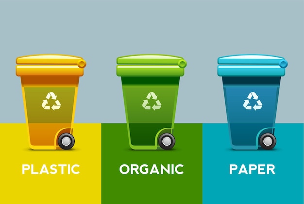 Drei farbenfrohe Recyclingbehälter für die Abfallsortierung