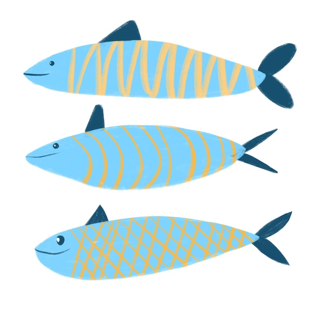 Drei Fische sind mit einem blauen und gelben Streifen dargestellt. Einer hat einen blauen Streifen.