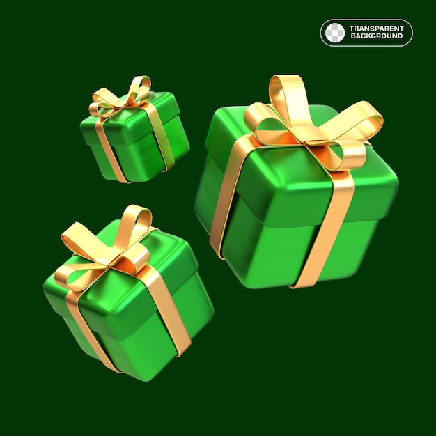 Drei grüne Geschenke mit goldenen Bändern, die in einem 3D-Design mit durchsichtigem Hintergrund angeordnet sind