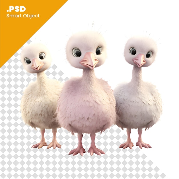 PSD drei kleine entenküken isoliert auf weißem hintergrund, 3d-illustration psd-vorlage