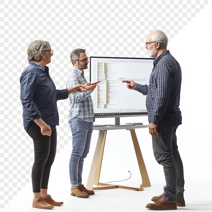 PSD drei personen sprechen vor einem monitor, auf dem das wort quot steht.