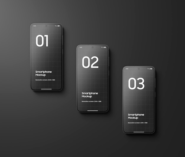 Drei schwarze Smartphones mit reflektierender Frontansicht