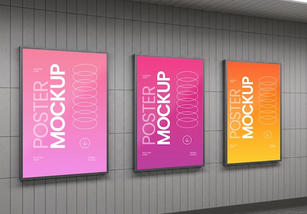 Drei-Straßen-Poster-Mockup Rechte Winkelansicht mit Herringbone-Wand