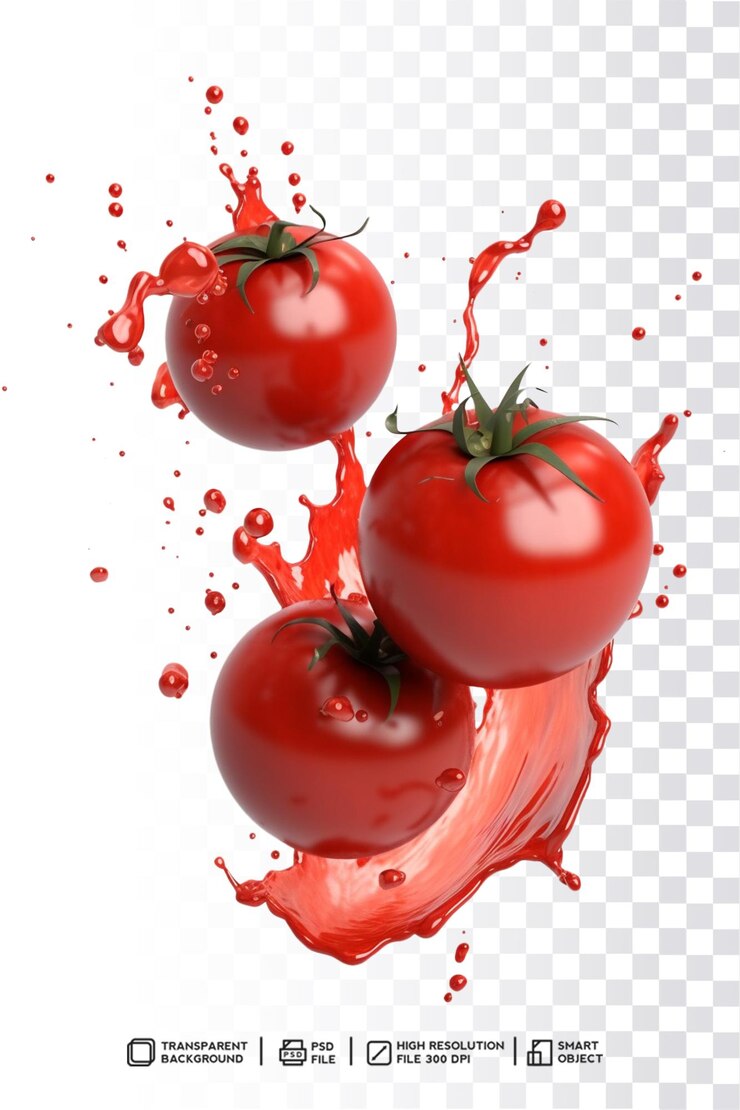 Drei Tomaten in einem Spritzer Flüssigkeit auf transparentem Hintergrund