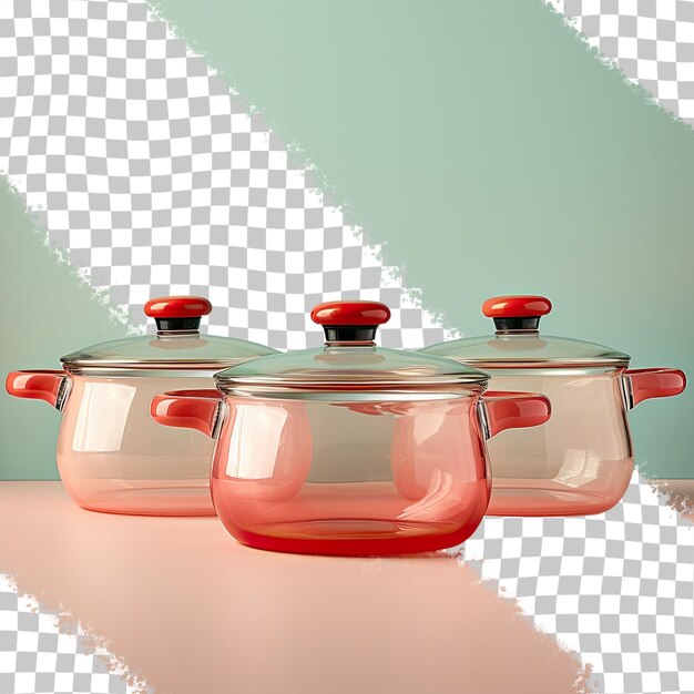 PSD drei transparente hintergrundtöpfe mit roten griffen und glasdeckeln