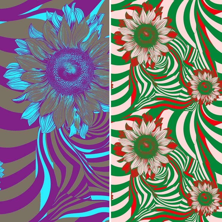 PSD drei unterschiedlich farbige blumen mit unterschiedlichen farben und einem grünen hintergrund