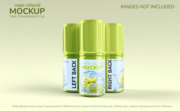Drei verschiedene Label Vape Bottle Mockup 30ml Flat Solid Cap - PSD Mockup