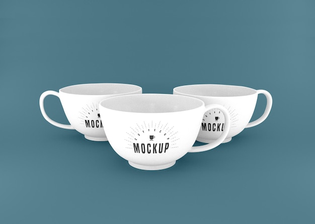 Drei weiße kaffeetasse psd mockup