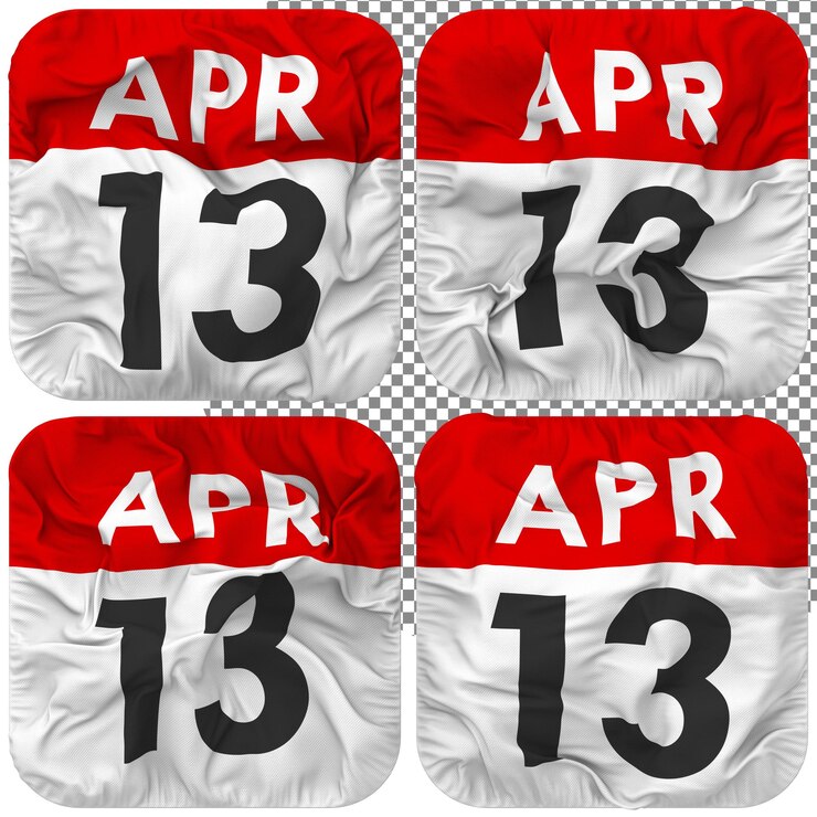 PSD dreizehntes 13. april-datumskalendersymbol, isoliert, vier-wellen-stil, bump-textur, 3d-rendering