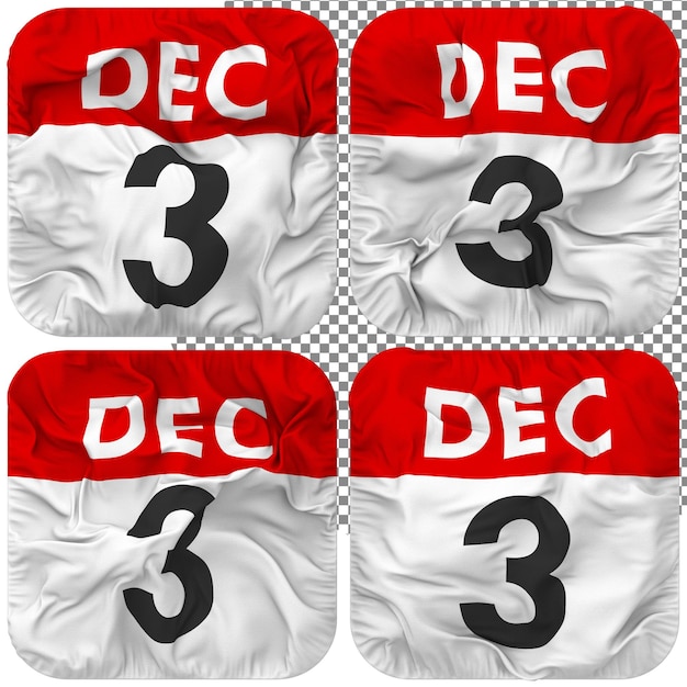 Drittes 3. Dezember-Datumskalendersymbol, isoliert, Vier-Wellen-Stil, Bump-Textur, 3D-Rendering