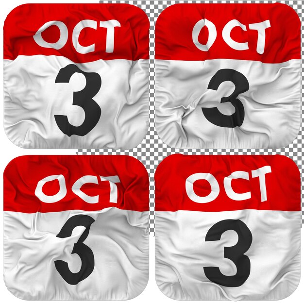 Drittes Datum, 3. Oktober, Kalendersymbol, isoliert, Vier-Wellen-Stil, Bump-Textur, 3D-Rendering