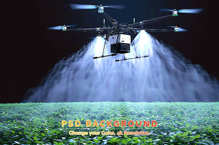 PSD droga pulverizando fertilizante em plantas verdes de legumes tecnologia agrícola