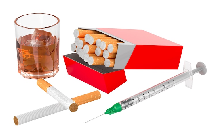PSD drogas fumar e álcool substâncias viciantes conceito álcool cigarros e seringa renderização 3d isolado em fundo transparente