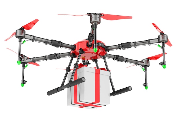 Drohne mit 3D-Rendering von Geschenkkisten, isoliert auf durchsichtigem Hintergrund