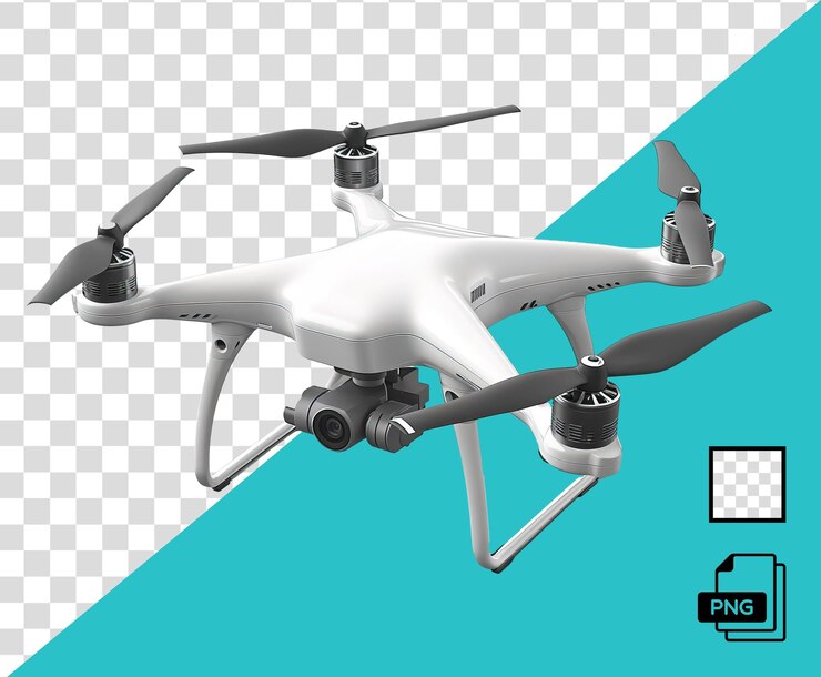 PSD un dron blanco genérico con hélices negras sobre un fondo transparente
