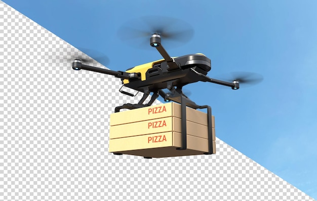 El dron de entrega está entregando pizza sobre fondo transparente